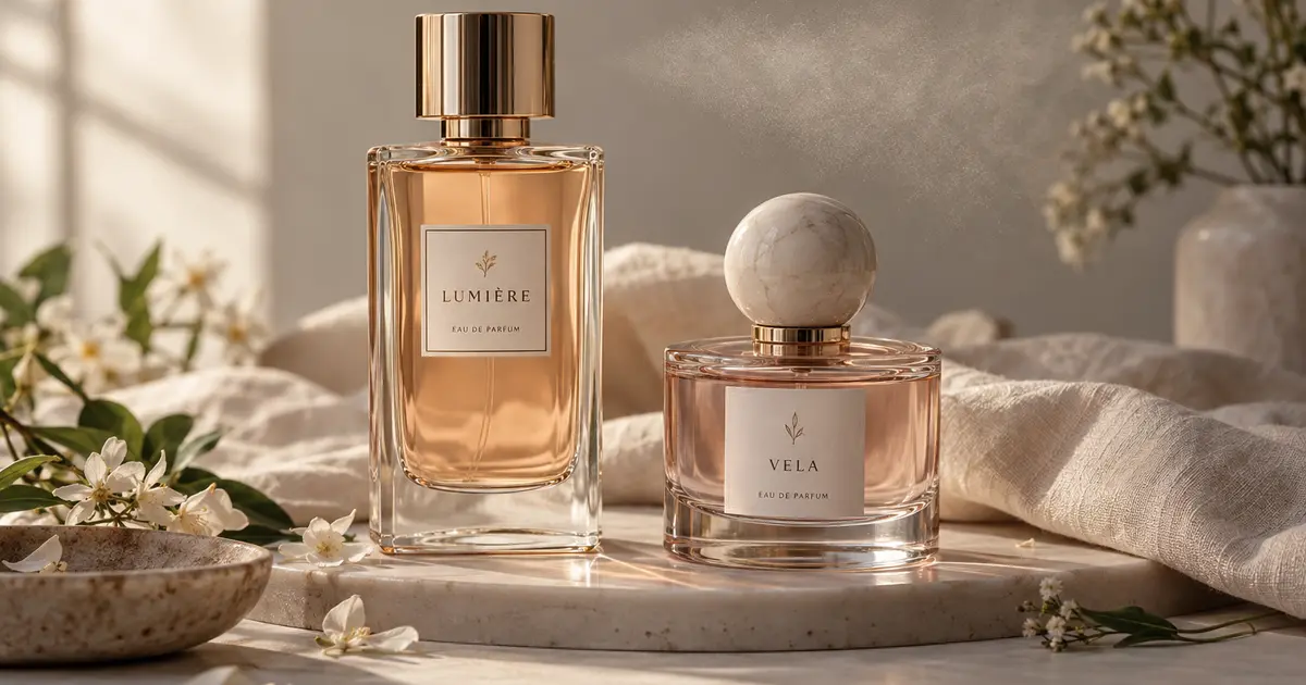 Dwa flakony perfum na neutralnym tle – czym się różni woda perfumowana od toaletowej porównanie trwałości