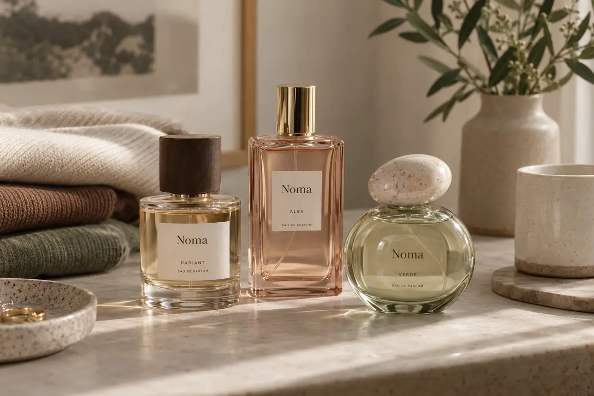 Trzy flakony perfum obok tkanin i filiżanki na drewnianym stole