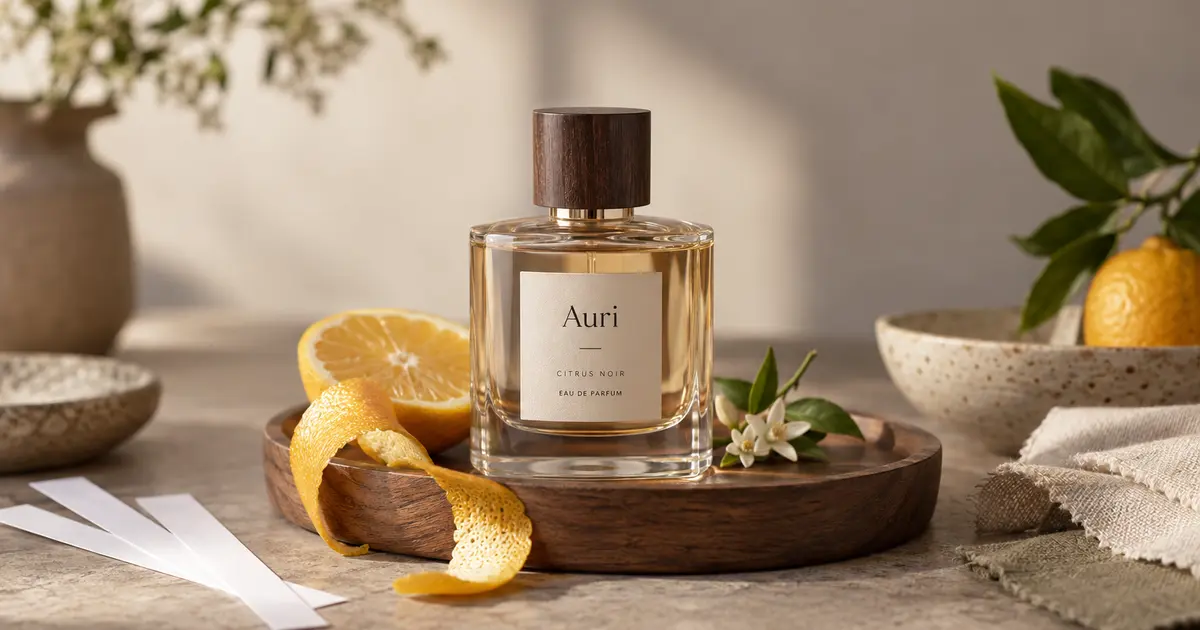 Butelka perfum na drewnianej tacce z testerami i skórką cytryny – jak dobrać perfumy dla siebie praktyczne wskazówki