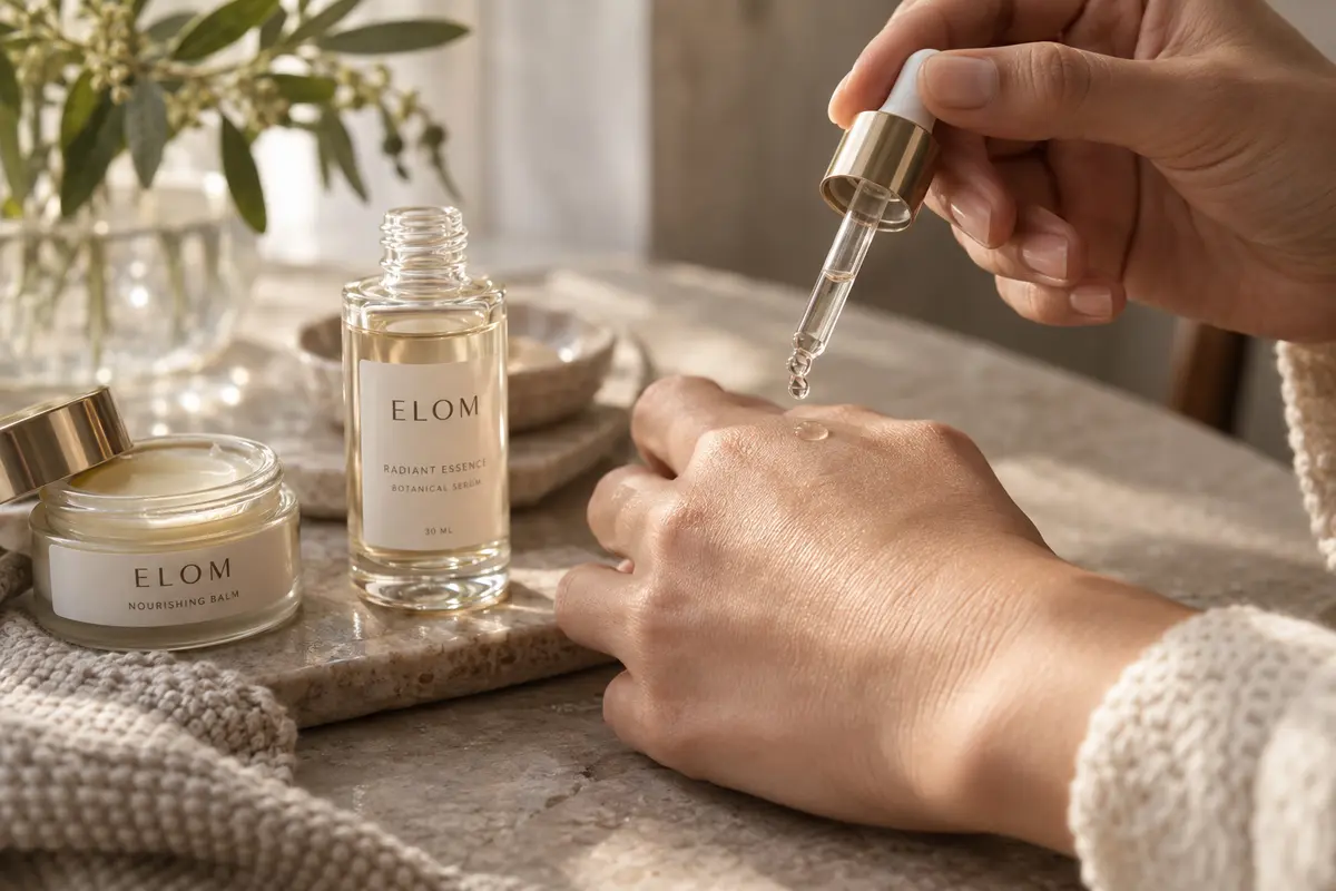 Dłoń z pipetą aplikującą kroplę serum nad nadgarstkiem i małe słoiczki składników
