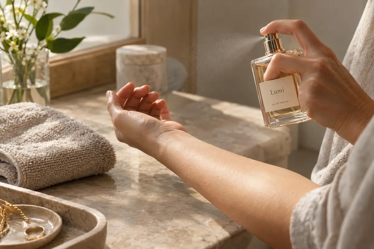 Spray perfum obok ręcznika i zgięcia łokcia sugerujące miejsce aplikacji
