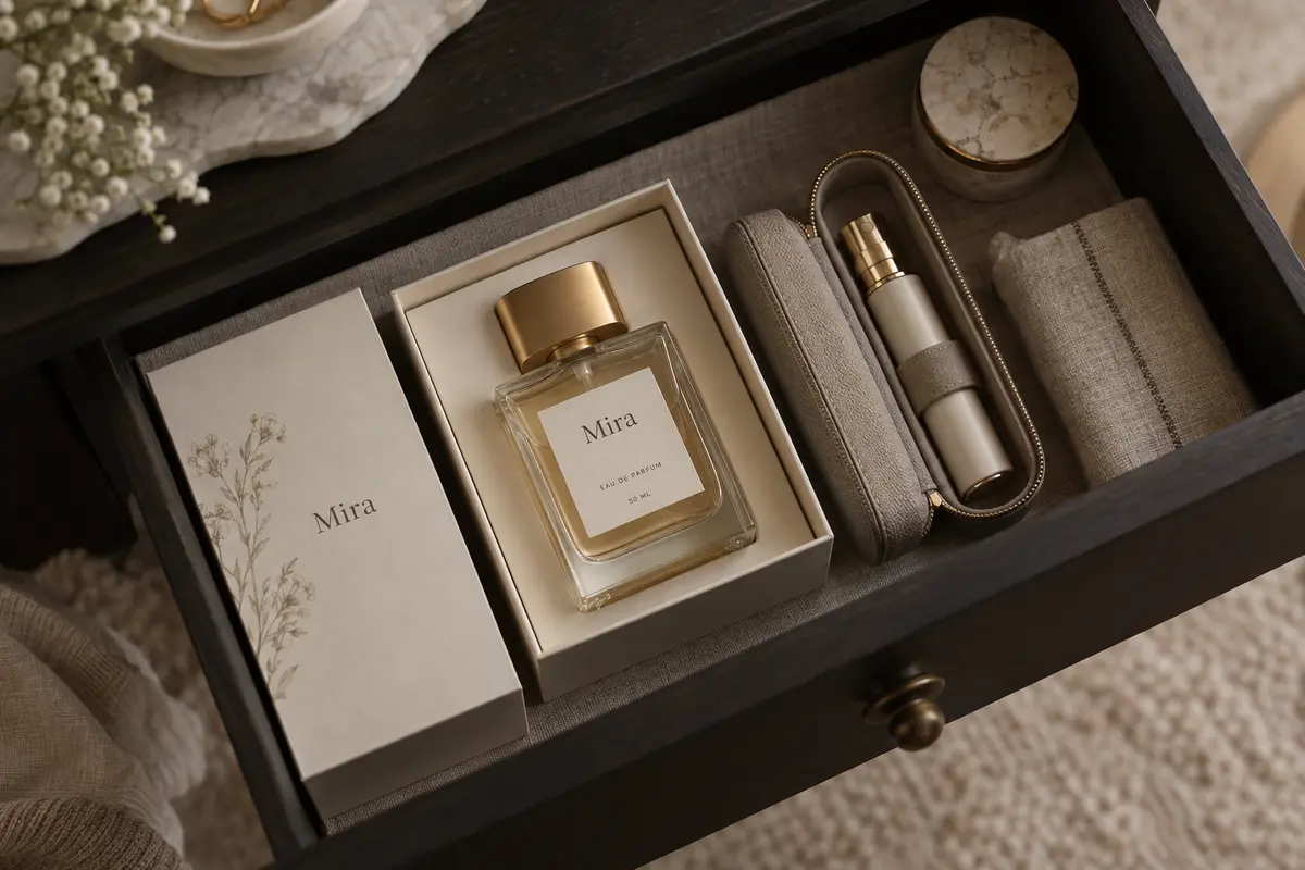 Flakon perfum schowany w szufladzie obok atomizera w etui