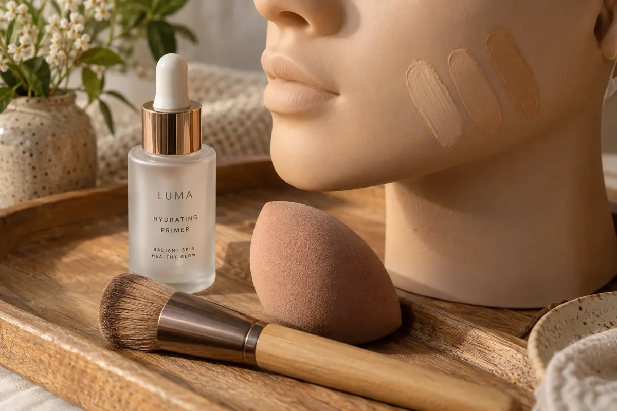 Blending sponge, pędzel i butelka podkładu obok swatchy na próbnej skórze
