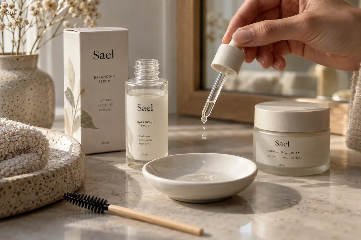 Dłoń nakłada serum z pipety nad ceramiczną miseczką, obok szczoteczka i słoik