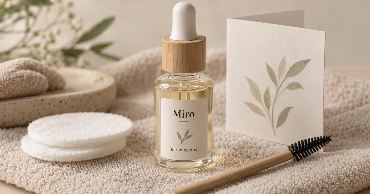 Mały słoiczek serum, szczoteczka i waciki – laminacja brwi efekty i pielęgnacja krótkie, delikatne produkty do pielęgnacji