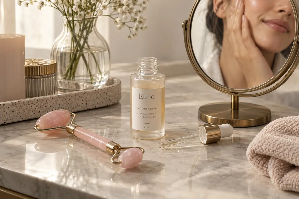 Poranna toaletka z rollerem, butelka serum i lusterkiem, efekt rozświetlonej cery