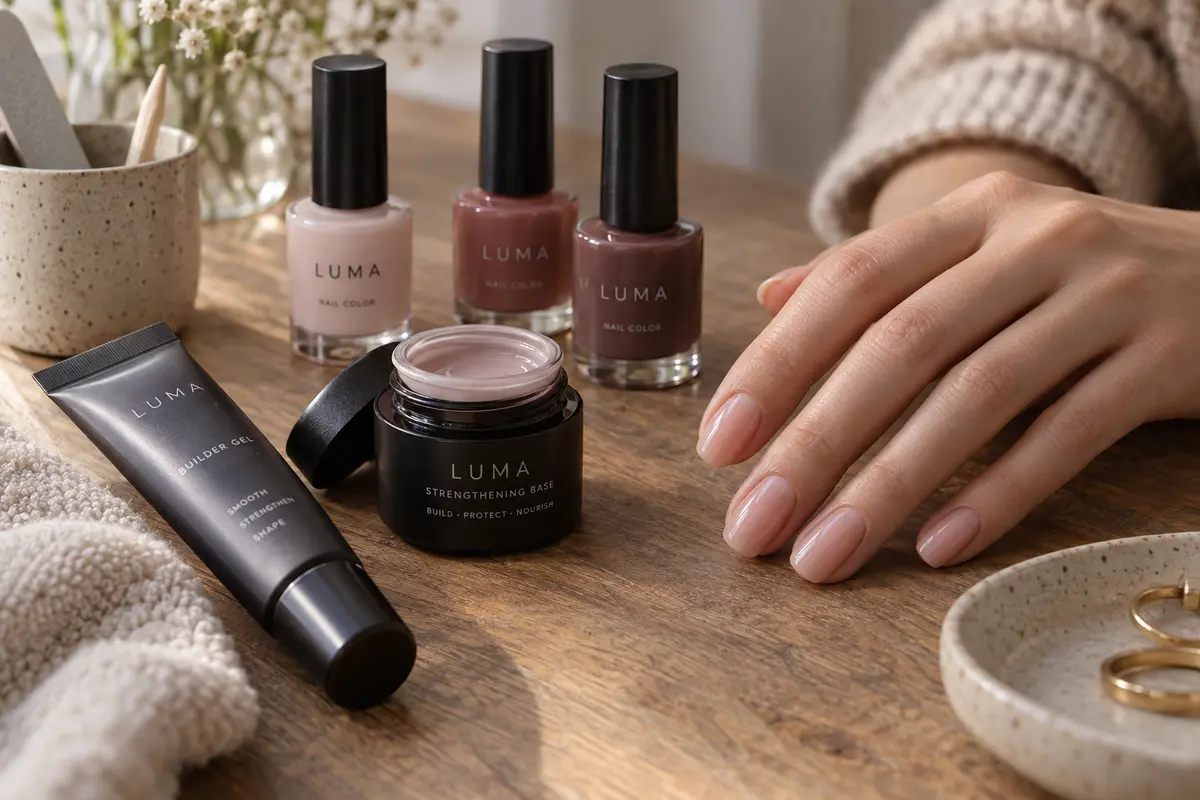 Manicure hybrydowy na krótkich paznokciach obok słoiczka bazy i butelek lakierów w stonowanej scenerii